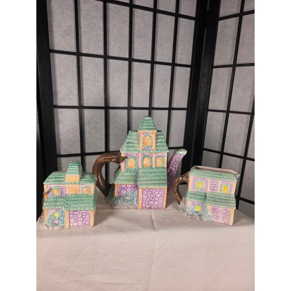 Vintage Halloween Haunted House Ceramic Teapot Sugar and Creamer Set Ghosts